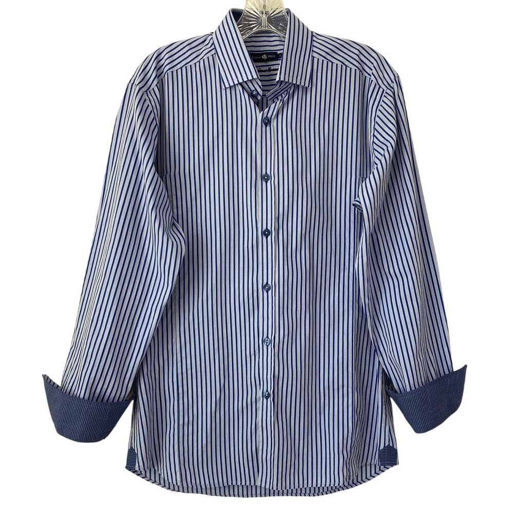 Mens Black Rivet Blue Striped Contrast‎ Cuff Button Down Shirt Sz 2 Small Career